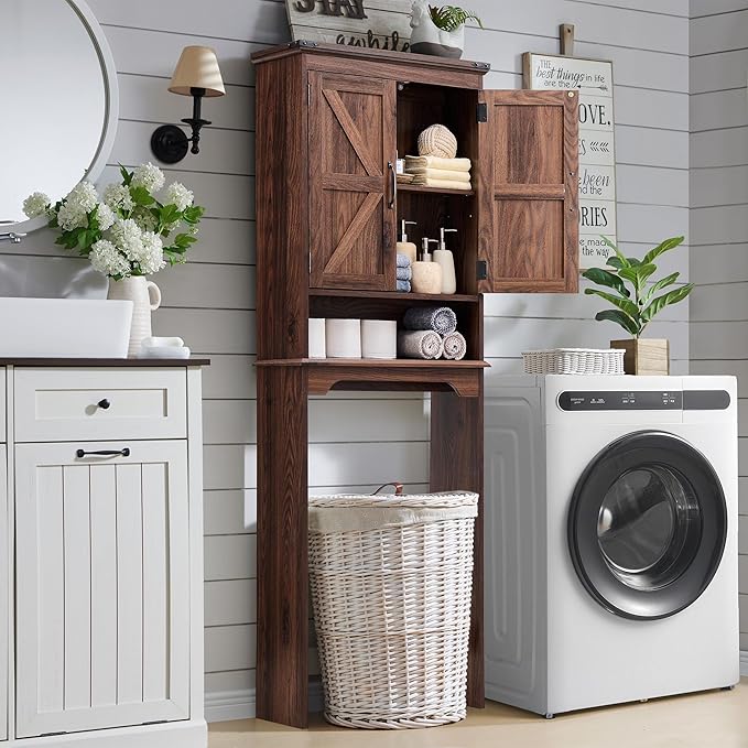 Over The Toilet Storage Cabinet, Farmhouse Bathroom Cabinet with Adjustable Shelf & Barn Door, 67" Tall Over The Toilet Shelf, Brown-Ruum Studio Home