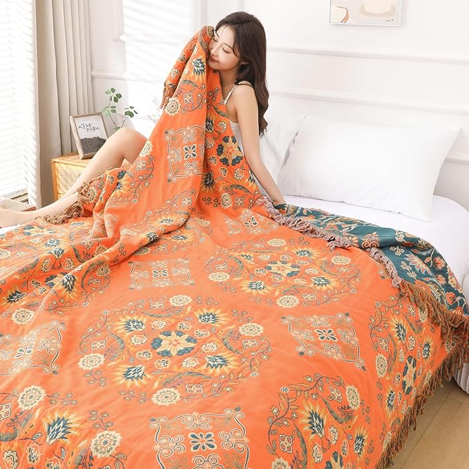 Boho Throw Blanket for Bed - 100% Pure Cotton Ultra Soft Rustic Quilt - Farmhouse Decor Bed Blankets, All Season Rustic Throw for Sofa Couch Chair(91''x 98'', Boho)-Ruum Studio Home