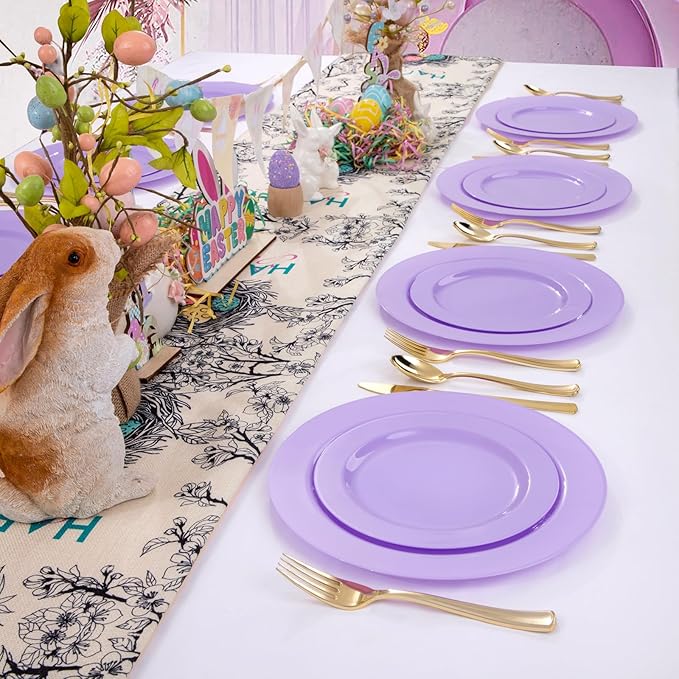 FLOWERCAT 60PCS Purple Plates - Heavy Duty Purple Plastic Plates Disposable for Easter Party/Wedding - Include 30PCS 10.25" Dinner Plates and 30PCS 7.5" Dessert Plates-Ruum Studio Home