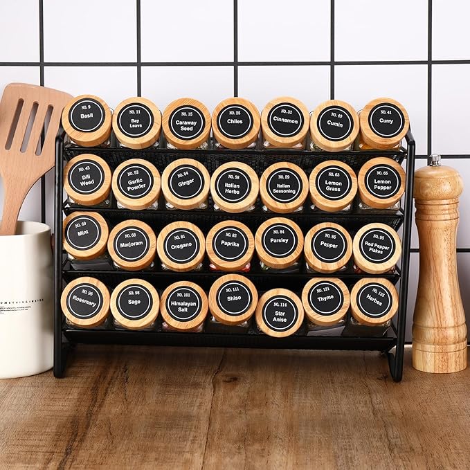 DIMBRAH Spice Jars with Label-4oz 36Pcs, Glass Spice Jars with Bamboo Lids, Container Set with White Printed Labels,Kitchen Empty Jars with Shaker Lids-Ruum Studio Home