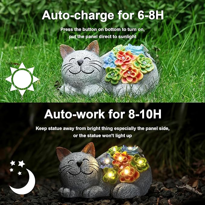 Otdair Solar Garden Decor Cat, Cat Lover Gifts with Succulent and 7 LED Lights for Outside,Outdoor Solar Lights for Yard, Garden and Patio, Unique Gift for Women-Ruum Studio Home