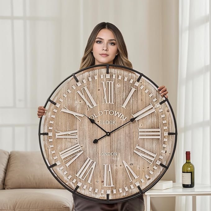 Farmhouse Wall Clock 30 Inch - Rustic Wood Metal Decor, Silent Sweep, Battery Operated for Living Room Kitchen Office, Brown-Ruum Studio Home