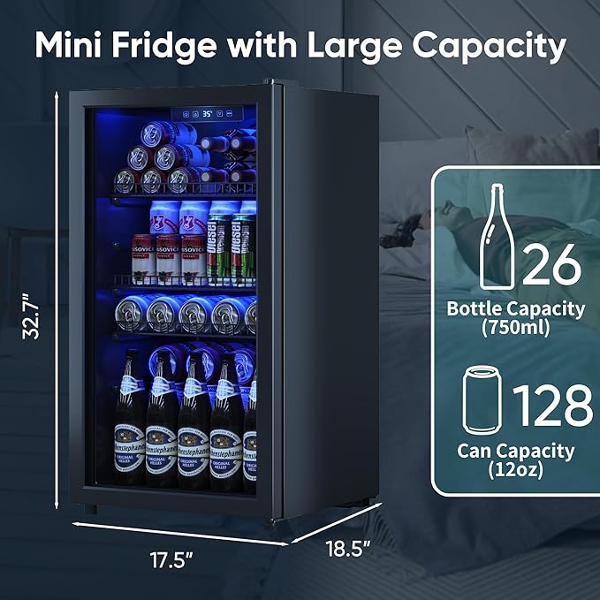 Beverage Fridge, 130 Can Mini Fridge With Glass Door, Beverage Cooler Refrigerator, Wine Drink Beer Cooler, Adjustable Shelves & Digital Temperature Display-Ruum Studio Home