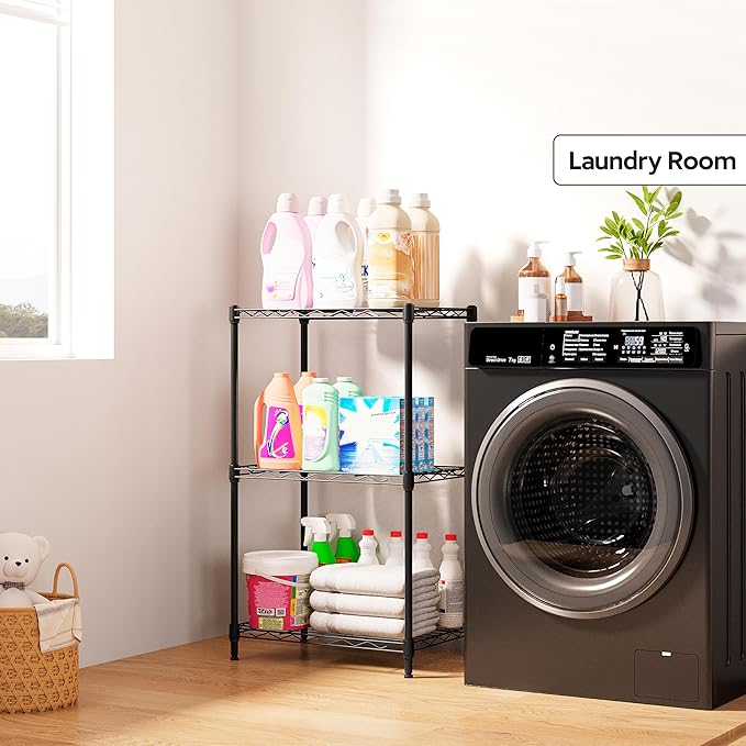 3 Tiers Shelf Metal Storage Shelves Wire Rack Closet Organizers with Wheel for Garage Kitchen Bathroom Laundry Black 11.8" D x 17.7" W x 28.8" H-Ruum Studio Home