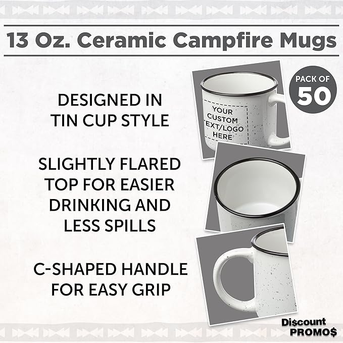 DISCOUNT PROMOS Custom Ceramic Campfire Coffee Mugs 13 oz. Set of 50, Personalized Bulk Pack - Perfect for Tea, Espresso, Cappuccino, Hot Cocoa - White-Ruum Studio Home