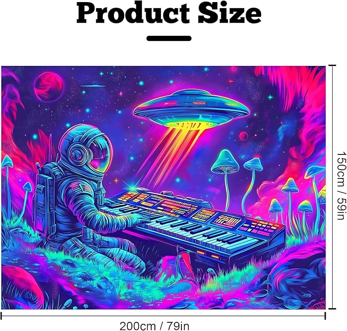 BVBOX Astronaut Space Blacklight Tapestry 79"x59", UV Reactive Astronaut Electronic Piano UFO Galaxy Planet Glow in Dark Music Tapestries, Black Light Neon Upright Poster Wall Hanging Backdrop Decor for Bedroom Living Room-Ruum Studio Home