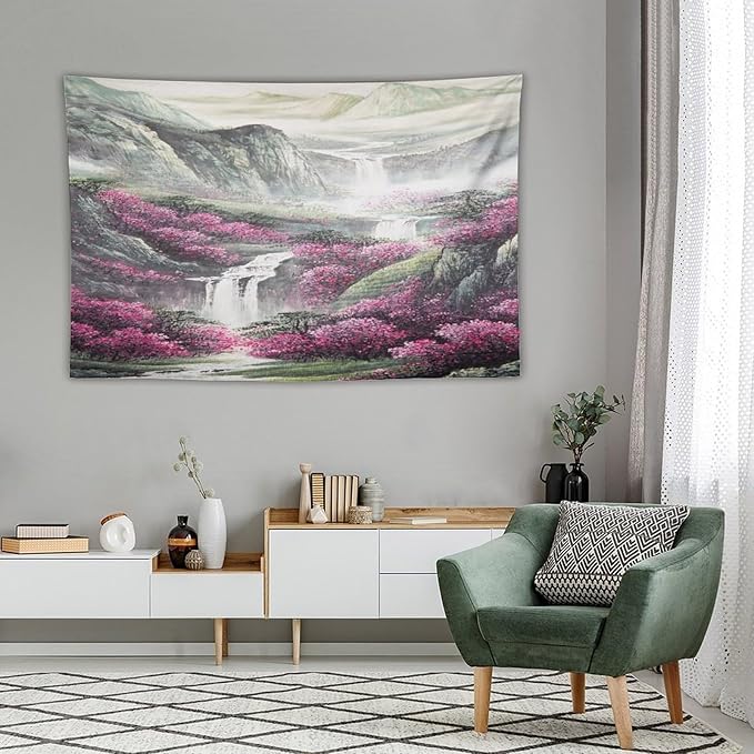 Japanese Tapestry, Red Plum Blossom Mountain Tapestry, Asian Japanese Wall Tapestry, Nature Landscape Tapestries for Bedroom Living Room Decor 60"x40"-Ruum Studio Home