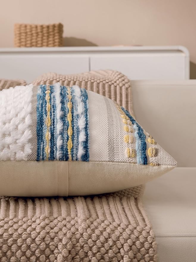 Boho Chenille Tufted Couch Throw Pillow Covers 18x18 Inch Set of 2 Farmhouse Striped Decorative Pillow Covers Accent Neutral Square Pillowcase Blue Cushion Covers for Livingroom Sofa Bed-Ruum Studio Home