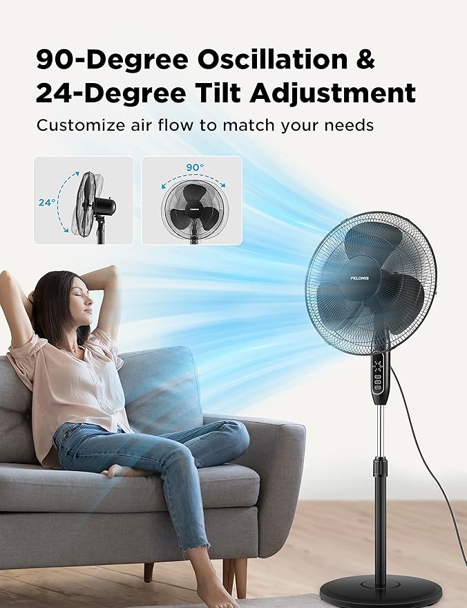 PELONIS 16'' Pedestal Fan for Bedoom, Remote, Standing Fan with 7-Hour Timer, 90° Oscillation, 3-Speeds, Adjustable Height, Electric Cooling Fans for Living Room and Office-Ruum Studio Home