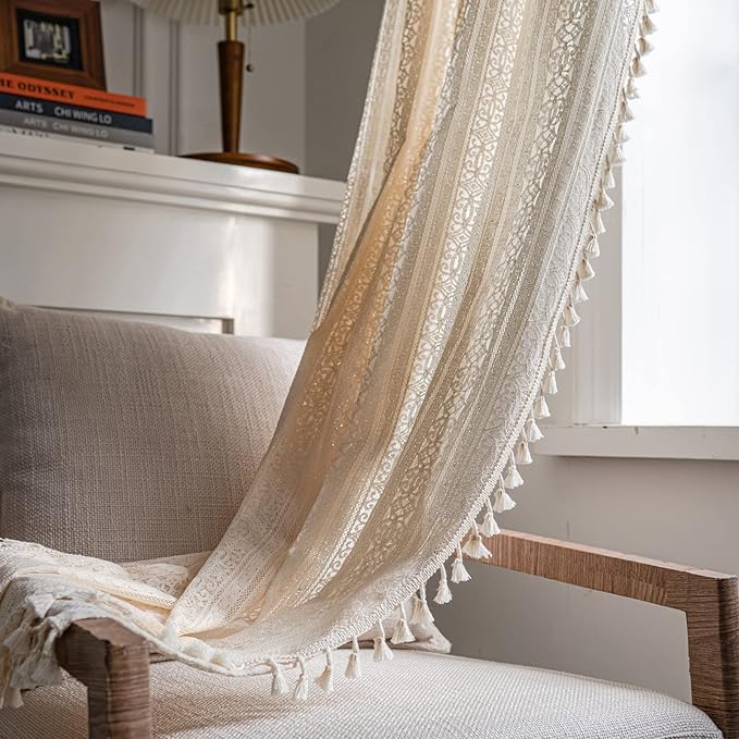 Sutuo Home Boho Curtain Crochet Lace Semi-Sheer Florals Hollow Knitted Handmade Tassels, Rod Pocket Window Treatment Vintage Rustic Farmhouse Drapes for Living Bedroom, 1 Panel 59" W x 63" L, Beige-Ruum Studio Home