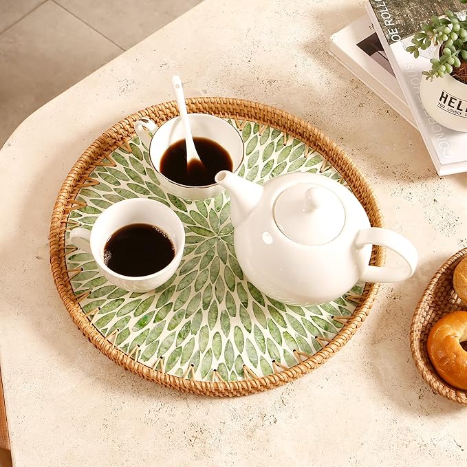 Round Rattan Tray with Mother of Pearl Inlay & Wooden Base - Decorative Wicker Serving Tray for Coffee/Bread/Fruits, Food Storage & Display - Multipurpose Home Decor (L,Green Leaves)-Ruum Studio Home