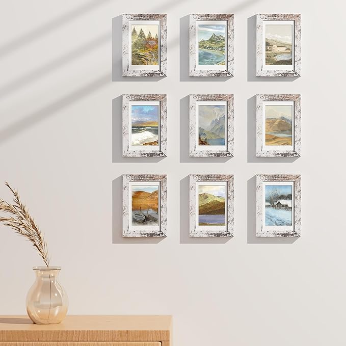 Vittanly 4x6 Picture Frames Set of 9, Shatter Resistant Plexiglass, Display 3.5x5 Pictures with Mat or 4x6 without Mat, Photo Frames for Wall or Tabletop, Engineered Wood, Distressed White-Ruum Studio Home