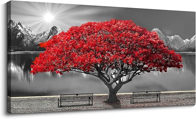Black and White Red Tree Wall Art Canvas Print Picture Large Red Tree Landscape Modern Artwork for Living Room Bedroom Office Home Wall Decor With Frame 24X48inch-Ruum Studio Home