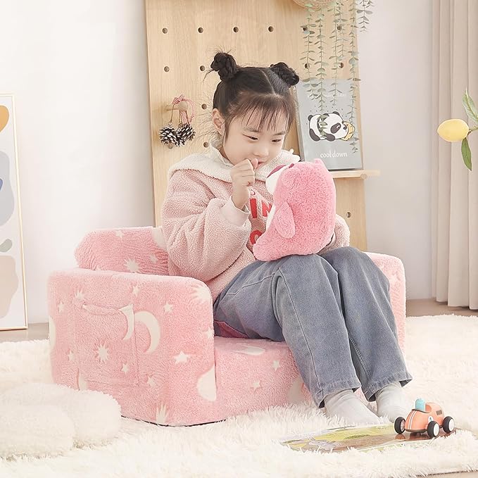 Welnow 2-in-1 Kids Sofa Chair, Glow in The Dark Convertible Toddler Chair Flip Out Children Sofa Chair Folding Kids Play Sofa with Side Pockets & Removable Cover Armrest Chair for Girl or Boy-Ruum Studio Home
