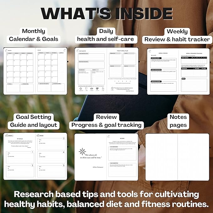 Life & Apples Wellness Journal Planner – Food Log, Fitness Tracker, Habit Tracker, Weight Loss Journal for Diet Tracking and Health Goals, Undated, Size A5, Black-Ruum Studio Home