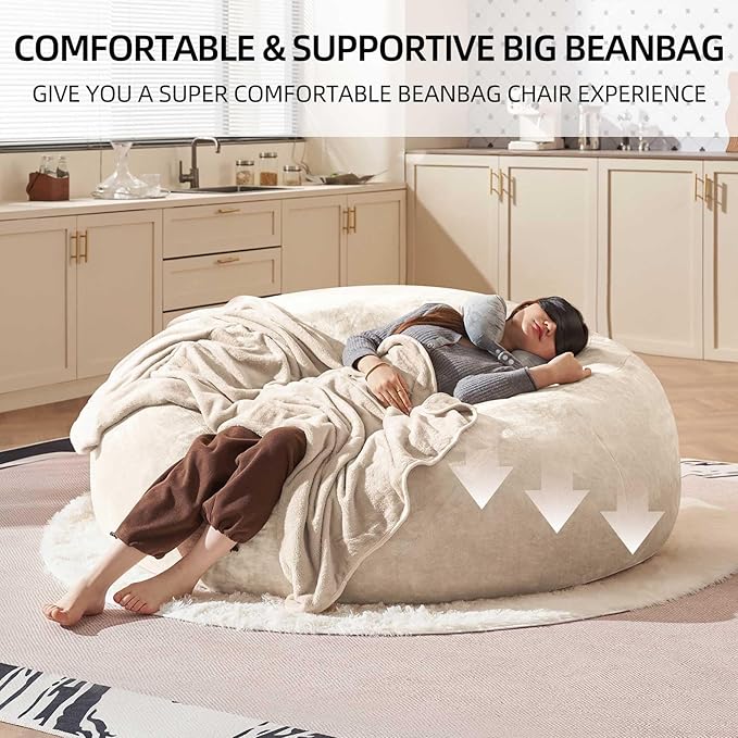 Bean Bag Chair 5Ft, Memory Foam Filled, Large Beanbag Chairs for Adults and Teens, Soft Sofa with Removable Flannel Cover, Round Couch for Living Room Bedroom College Dorm (Apricot, 5FT-60×60"×24")-Ruum Studio Home