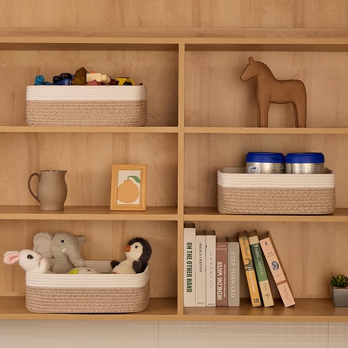 Large Shallow Organizing Baskets 15x11x5.1 Inches - Rope Woven Storage Bins for Bathroom, Shelves, Cube Closet, White Mixed Brown 2 Packs-Ruum Studio Home