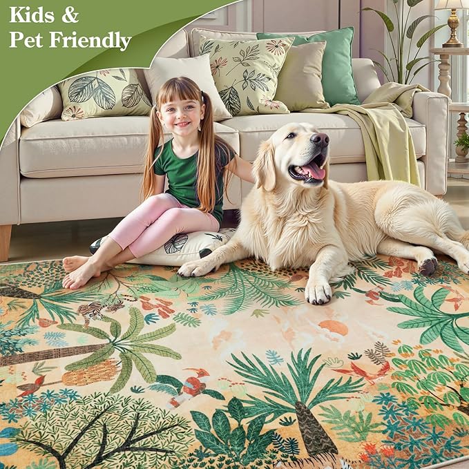 LIVEBOX Boho 8x10 Area Rugs for Living Room, Washable Soft Jungle Animal Print Rug for Bedroom, Farmhouse Non Slip Rug Floor Carpet, Forest Dining Room Rugs for Under Table-Ruum Studio Home