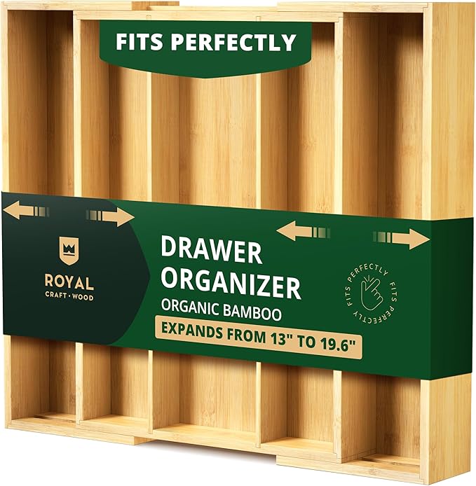 ROYAL CRAFT WOOD Luxury Bamboo Kitchen Drawer Organizer - Silverware Organizer - Utensil Holder and Cutlery Tray with Grooved Drawer Dividers for Flatware and Kitchen Utensils (5 Slot, Natural)-Ruum Studio Home