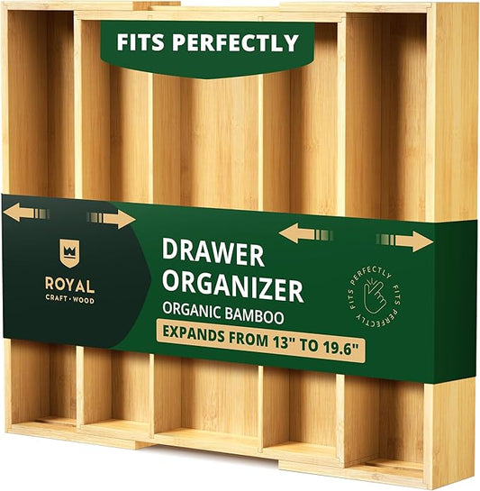 ROYAL CRAFT WOOD Luxury Bamboo Kitchen Drawer Organizer - Silverware Organizer - Utensil Holder and Cutlery Tray with Grooved Drawer Dividers for Flatware and Kitchen Utensils (5 Slot, Natural)-Ruum Studio Home