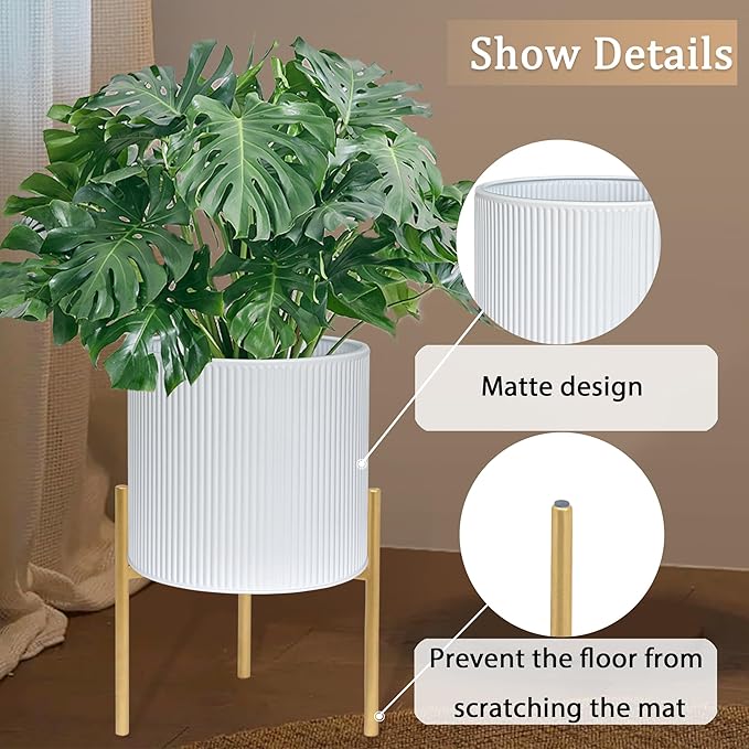 ARNIS Modern Planter Pots, Set of 2 Round Large Planters with Stand, Decorative Floor Planters, Metal Pots with Drainage Holes for Living Room, Office, Garden or Balcony, 8.25 &10.5 Inch, White & Gold-Ruum Studio Home