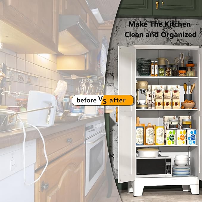 White Metal Kitchen Storage Cabinet, Kitchen Pantry Storage Cabinet with Doors and Shelves, Storage Cabinet with Adjustable Leveling Foot for Kitchen, Living Room and Dining Room. 61" H-Ruum Studio Home