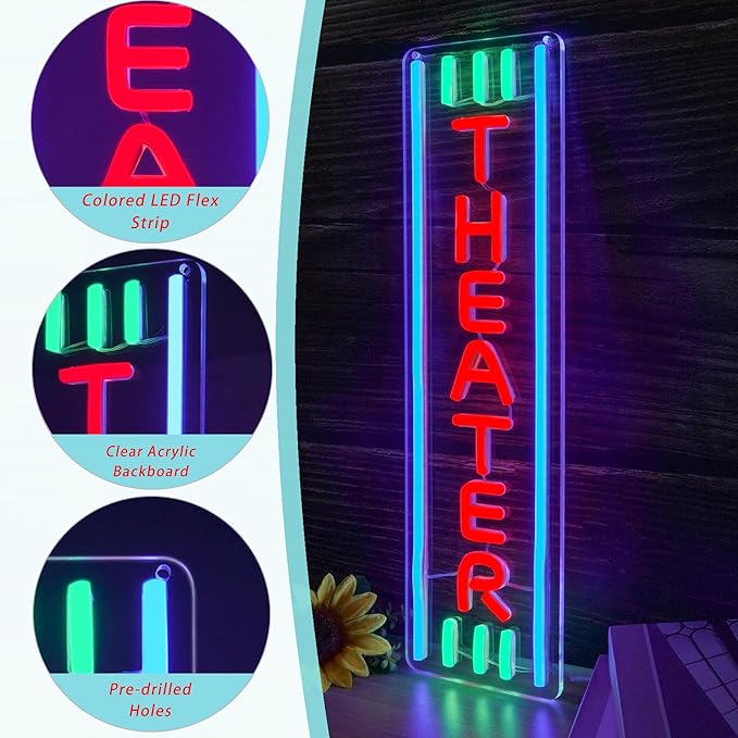 Theater Neon Sign Dimmable LED Movie Night Signs for Wall Decor Home Theater Accessories Sign Theater Room Neon Light for Movie Room Home Bar Decor Classic Cinema Style Light Gifts(16.8 * 4.8in)-Ruum Studio Home