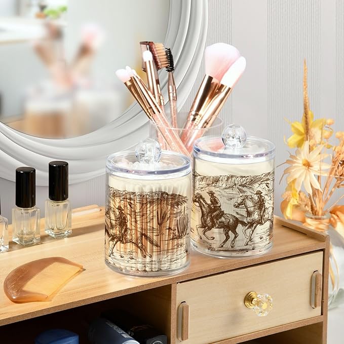 2 Pack Qtip Holder Organizer Dispenser Western Desert Cowboy Bathroom Storage Canister Cotton Ball Holder Container for Cotton Swabs/Pads/Floss-Ruum Studio Home