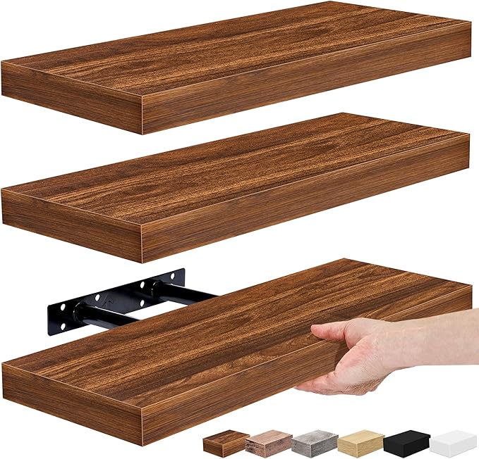 Sorbus Floating Shelves for Wall, Bathroom Shelves Wall Mounted for Kitchen, Bedroom, Bathroom Storage Over Toilet, Hanging Book Shelf for Ｗall Home Decor Living Room (Walnut, 3 Pack)-Ruum Studio Home