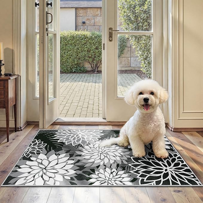 Area Rug 2x3 Black White Washable Entry Small Rug Multicolored Tropical Botanical Modern Floral Indoor Kitchen Door Mat Entrance Carpet Non Slip for Bedroom Living Room, Porch-Ruum Studio Home