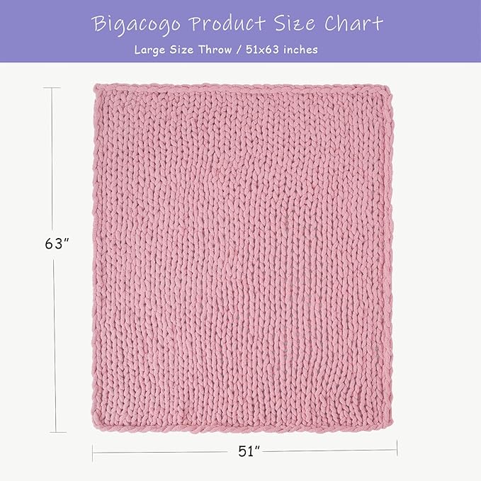 Bigacogo Chunky Knit Throw Blanket for Couch, 51x63 inches, 100% Hand Knitted with Thick Jumbo Chenille Yarn, Cozy Soft Large Rope Knot Cable Crochet Blankets for Sofa Bed Living Room, Blush Pink-Ruum Studio Home