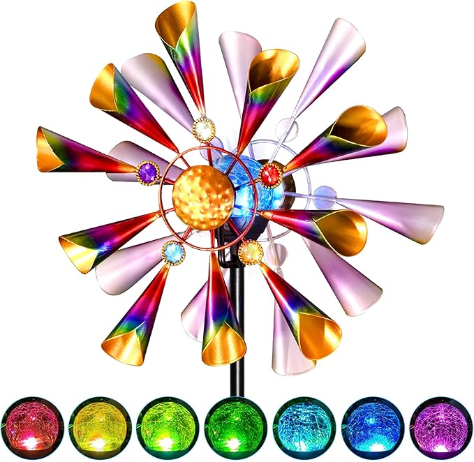 54'' Wind Spinners Outdoor Solar Garden Decor Light - Unique Metal Stake Colorful Windmill, Durable Waterproof Design for Garden, Lawn, Patio-Ruum Studio Home