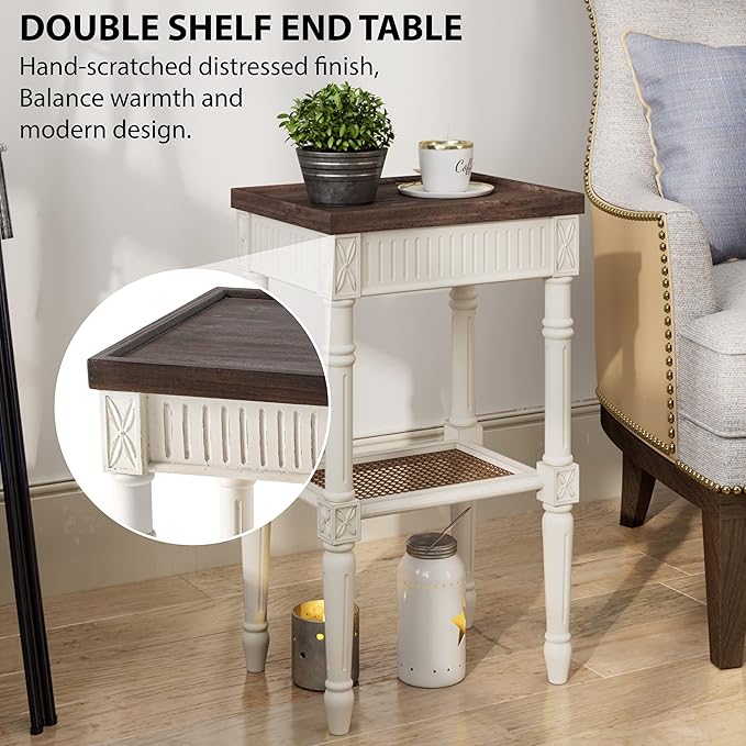 Rustic Farmhouse Cottagecore Accent End Table Set of 2, Distressed Accent Side Table with Espresso Tray Top and Woven Wicker Shelf, Boho, French Country Decor, Square, Weathered Brown & White-Ruum Studio Home
