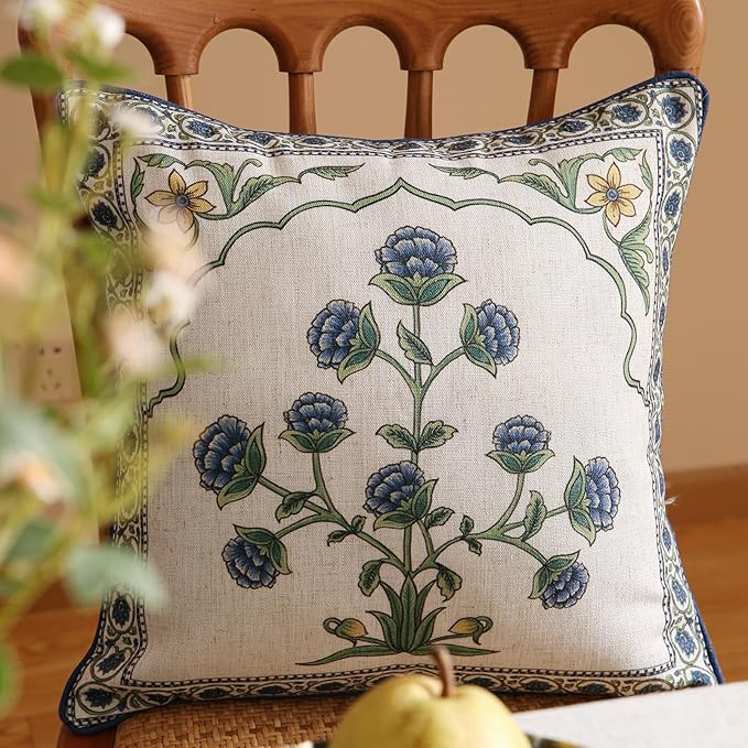 patdrea Designer Floral Linen Throw Pillow Covers,Blue French Cottage Flower Pattern Decorative Pillowcases Cushion for Bed Living Room Outdoor Car,Pack of 4-Ruum Studio Home