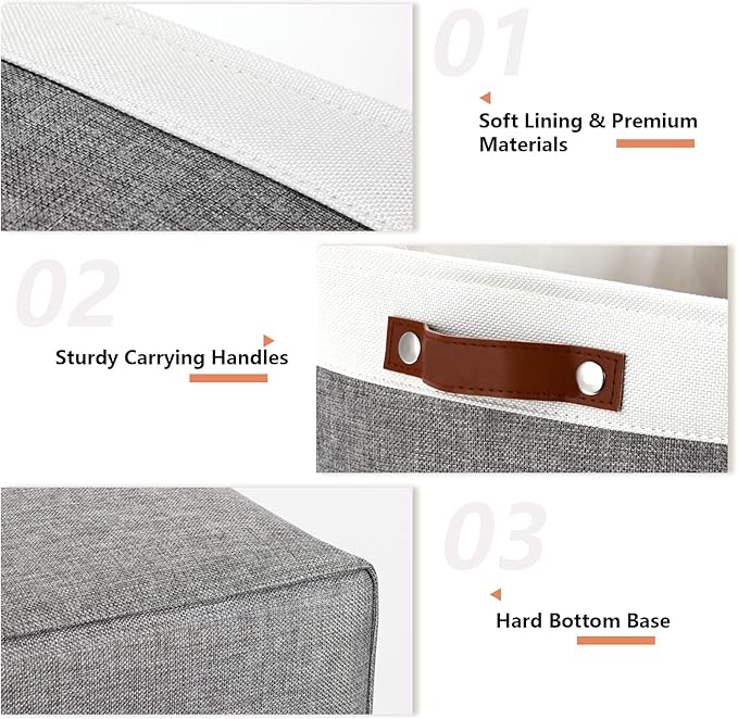 DULLEMELO Large Storage Baskets, Fabric Storage Basket with Leather Handles for Shelves Closet Nursery Toy Storage, Collapsible Fabric Baskets for Toy Book Magazine Towel Organizers(White&Gray)-Ruum Studio Home
