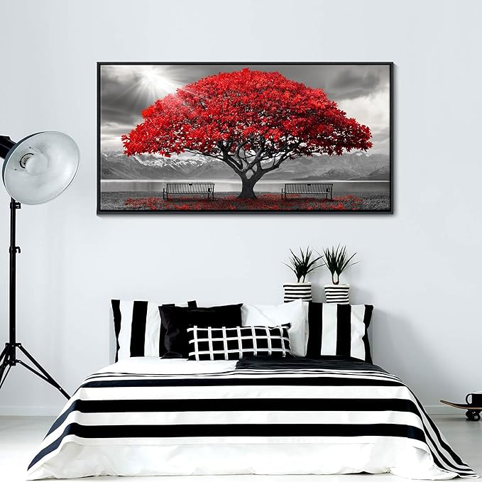 AJAZIKO Red Wall Art - Modern Framed Wall Art for Living Room - Red Tree Black and White Landscape Canvas Prints Posters & Prints for Home Office Bedroom Decorations - Large Wall Pictures 24×48IN-Ruum Studio Home