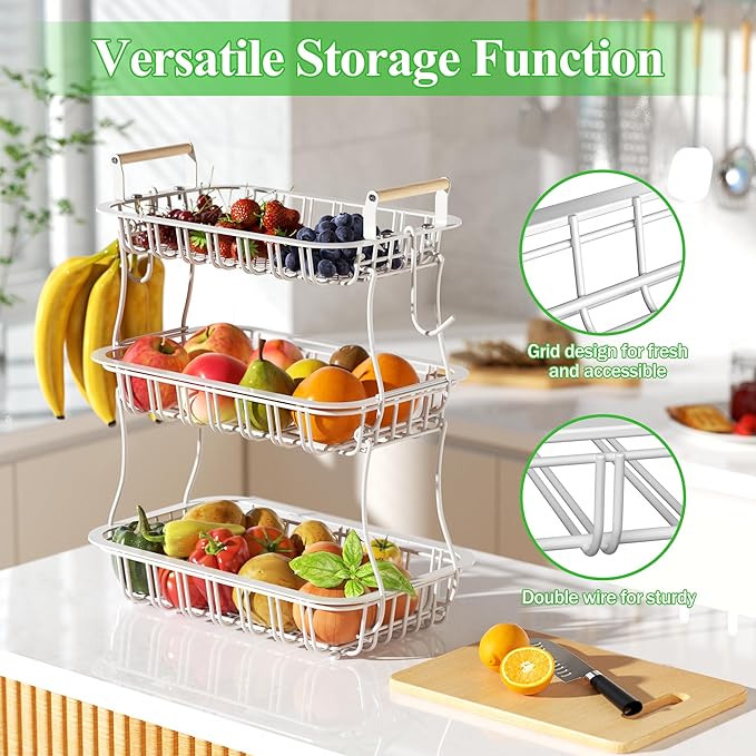 3 Tier Fruit Basket with 2 Banana Hooks, Large Capacity Multifunctional Detachable Sturdy Fruit Bowl with Wooden Handle Mesh Top for Kitchen Counter, for Bread Snacks Vegetables Produce, White-Ruum Studio Home
