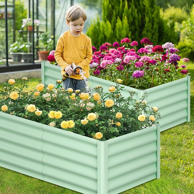 Galvanized Raised Garden Bed Outdoor, 2 Pcs 6x3x1.5FT Outdoor Large Planter Raised Beds Open Base with Safety Edge and Glove for Vegetables Flowers Ground Planter, Green-Ruum Studio Home