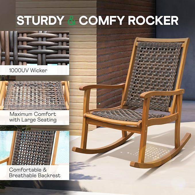 Idzo Wood Wicker Rocking Chair, 400 lbs Capacity, Durable Eucalyptus Wood, Natural Finish, Comfortable Curvy Design, Ideal for Deck, Patio Furniture, Teak Outdoor Furniture, Set of 2-Ruum Studio Home
