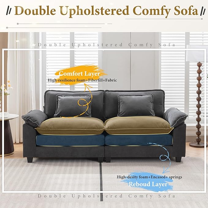 URRED Modular Sectional Sofa Comfy Cloud Couch, Modern Velvet Sofa Sleeper Deep Seat Couches with Ottoman/Pillows for Living Room (Dark Gray, 82.6'')-Ruum Studio Home