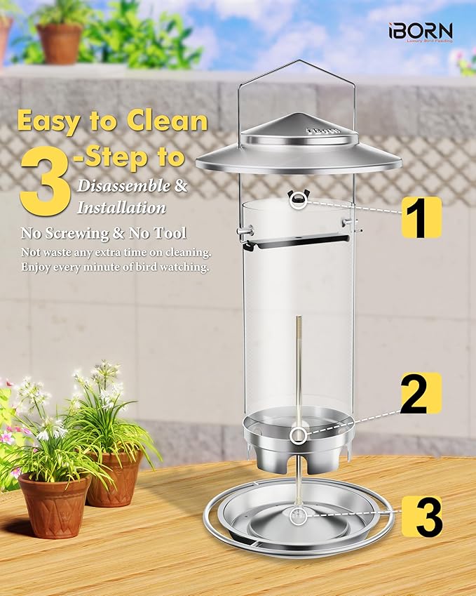 iBorn Metal Bird Feeders for Outdoors,Easy Clean Bird Seed Feeder,Hanging Bird Feeder for Seeds with Gift Box,3-Second Refill Bird Feeder,Nickle 6 Port (Seed is not Included)-Ruum Studio Home