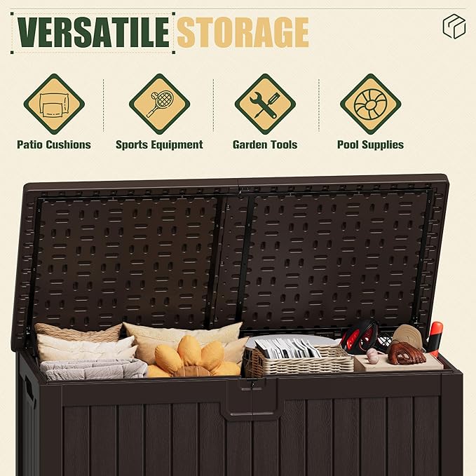 JUMMICO 250 Gallon Outdoor Resin Deck Box with Divider, Waterproof Storage Box with Lockable Lid&Side Handles for Garden Tools, Pools Supplies (Brown)-Ruum Studio Home