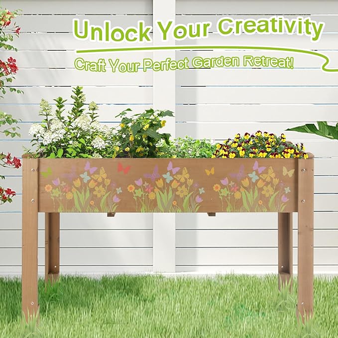 Outdoor Wood Raised Garden Bed- Elevated Planter Box with Legs, Durable Fir Wood, Reinforced Frame with Drainage Holes, Liner for Vegetables, Herbs, Flowers, 47" x 23"x 30"-Ruum Studio Home
