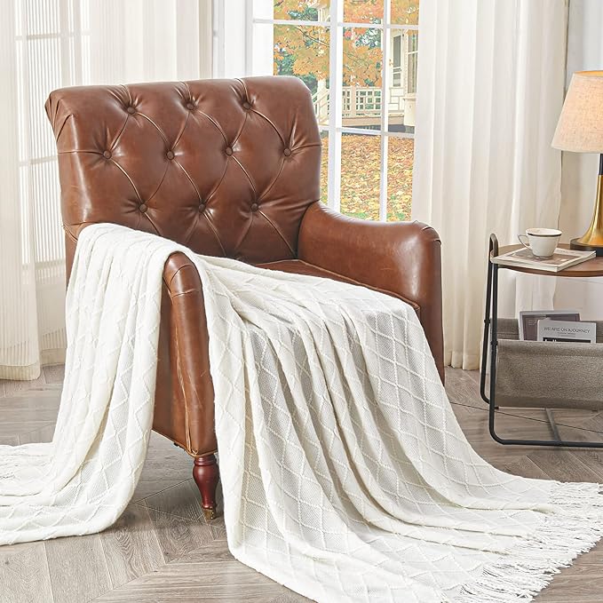 inhand Knitted Throw Blankets for Couch and Bed, Soft Cozy Knit Blanket with Tassel, Off White Lightweight Decorative Blankets and Throws, Farmhouse Warm Woven Blanket for Men and Women, 60"x80"-Ruum Studio Home
