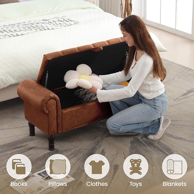 51" Storage Ottoman Bench for Bedroom, Full Queen Storage Bench with Button, Upholstered Bedroom Bench with Rolled Arms for Living Room, Storage Room, Entryway, Brown-Ruum Studio Home