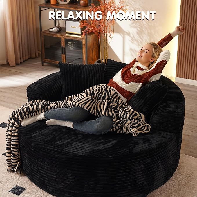 ovios 58" Oversized Round Chair Lounge Chaise Indoor, No Assembly Required, Cloud Large Circle Chair with Plush Fuax Fur, Fluffy Modern Sleeper Sofa Bed for Reading Yoga, Black (Plush Corduroy Fabric)-Ruum Studio Home