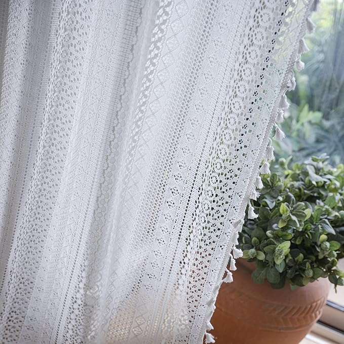 Sutuo Home White Boho Curtains Crochet Lace Semi-Sheer Bohemian Hollow Knitted Handmade Tassels, Rod Pocket Window Treatment Vintage Rustic Farmhouse Drapes for Glass Slide Door, 1 Panel 59" W x 90" L-Ruum Studio Home
