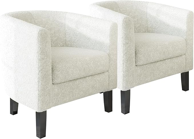 BELLEZE Accent Barrel Chair Set of 2, Linen Round Chair Club Tub Sofa Corner Chair with Flared Legs and Cozy Soft Padding for Living Room Bedroom Waiting Room - Teddy White-Ruum Studio Home