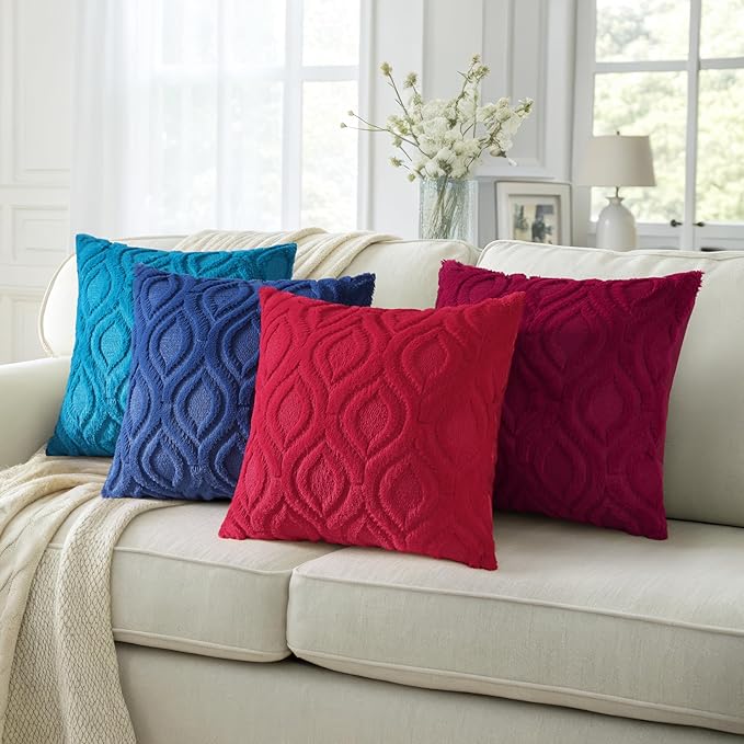 decorUhome Fall Throw Pillow Covers 18x18 Inch Set of 2, Soft Plush Decorative Faux Fur Turquoise Solid Couch Pillow Covers, Accent Farmhouse Neutral Square Euro Pillow Cases for Sofa Bed Living Room-Ruum Studio Home