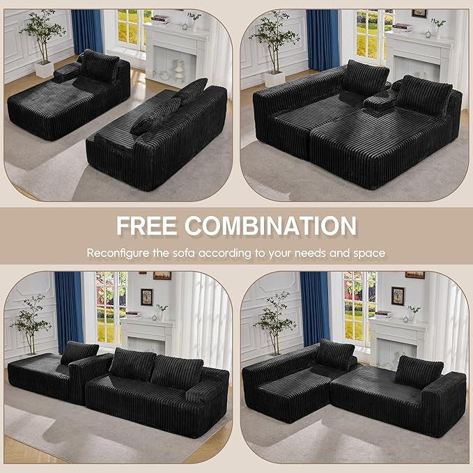 Hobestluk Modular Sectional Sofa Couches 108" L-Shape Couch 3 Seat Modular Sofa Memory Foam Sectional Couches for Living Room, Boneless Couch with Oversized Chaise (Black, Left Facing)-Ruum Studio Home